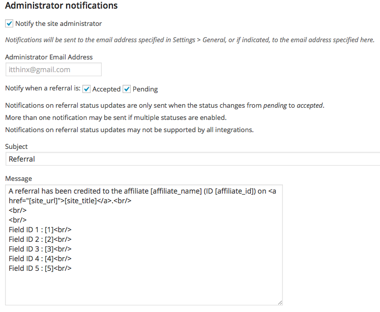 Notification Tokens with Affiliates Gravity Forms