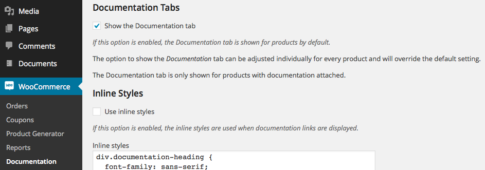 Documentation Tabs Settings