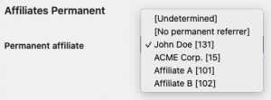 Showing several assignment options of the Permanent affiliate for a user account