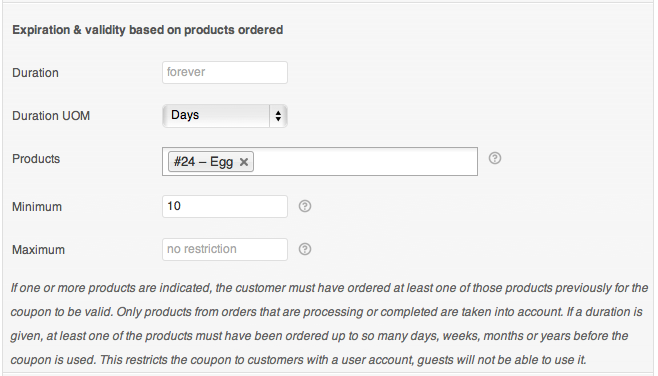 Coupon expiration and validity based on products ordered