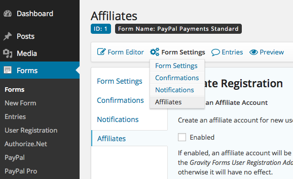 Affiliates Gravity Forms - Form Settings