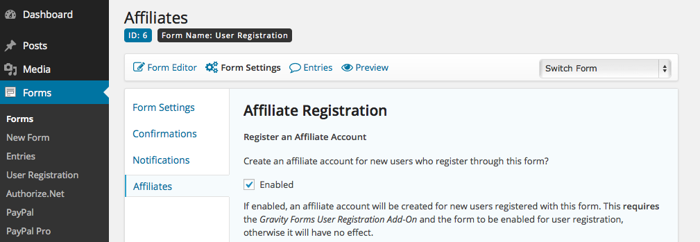 Form Settings - Affiliate Registration