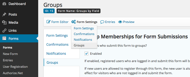 Grupos Configuración de formulario de formularios de gravedad