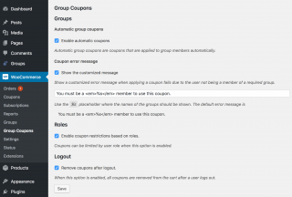 Showing the settings screen of the WooCommerce Group Coupons extension