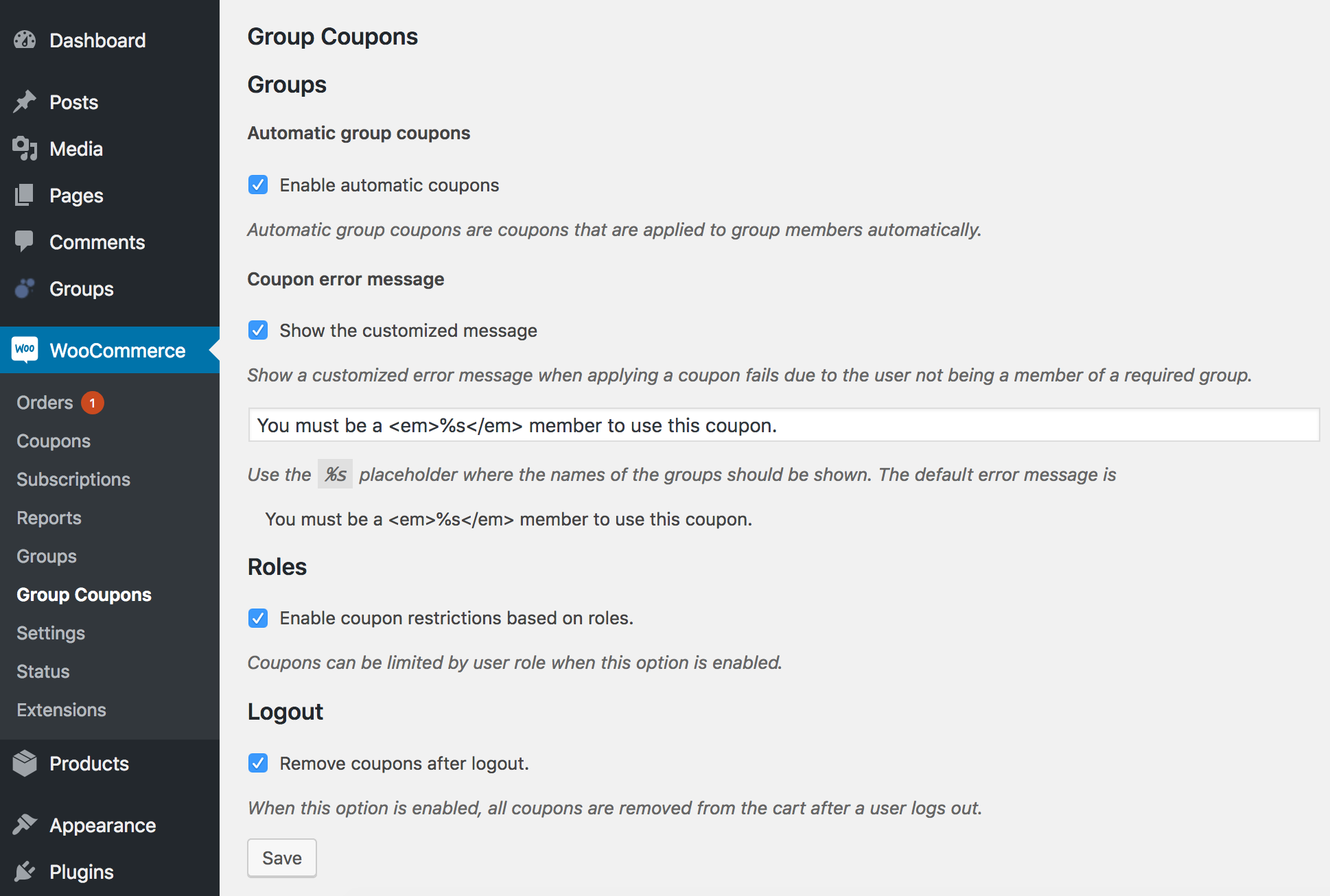 Showing the settings screen of the WooCommerce Group Coupons extension