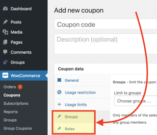 Showing new coupon settings for groups and roles