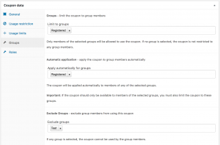 Settings for a Registered group Coupon excluding Test group