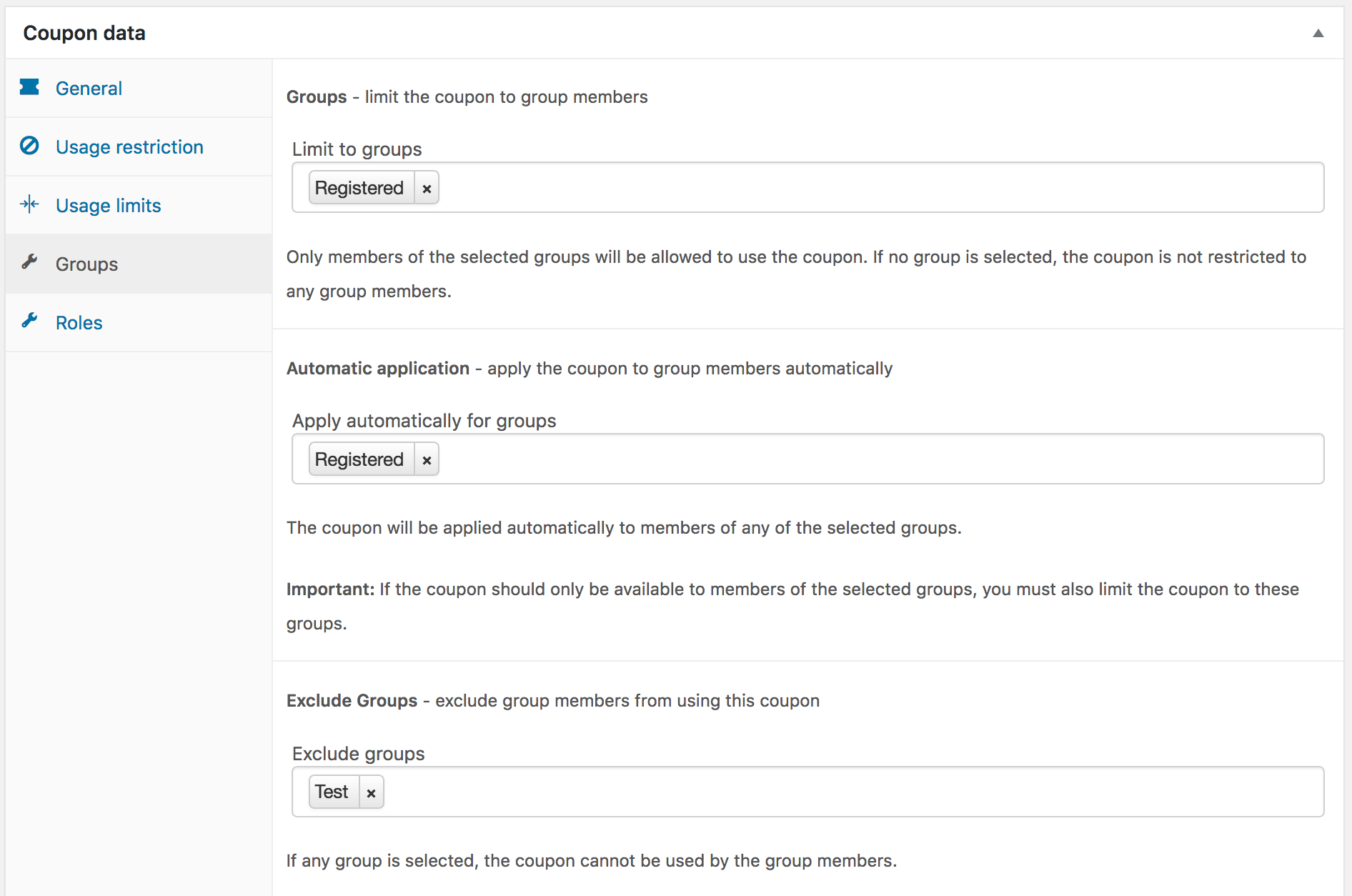 Settings for a Registered group Coupon excluding Test group