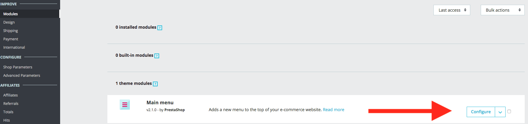 Showing the Configure option of the Main menu module
