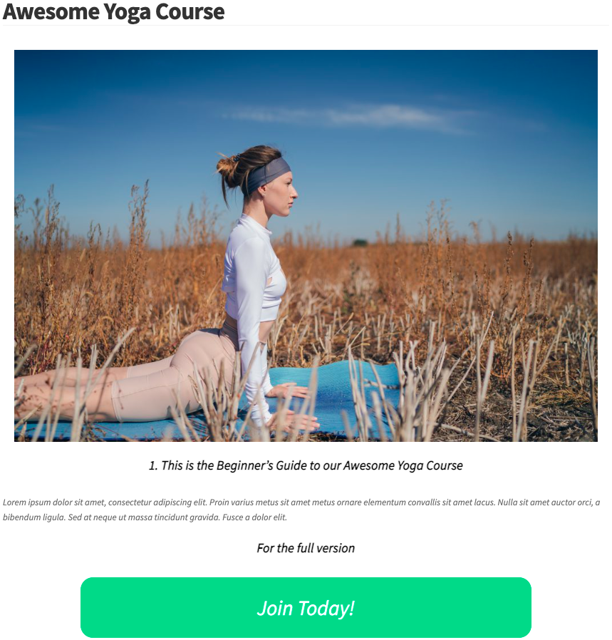 A preview of a course page, showing free content for non-paying members and a call to action to join as a member.